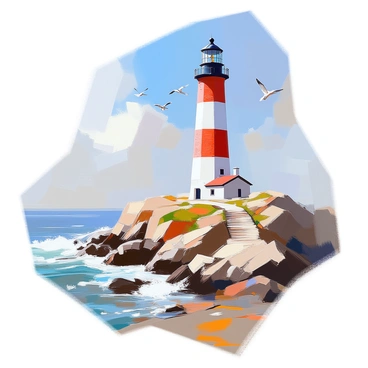 A brick lighthouse standing tall on a rocky coastline