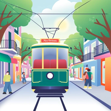 A historic streetcar with a deep green exterior and gold trim is navigating through the streets of New Orleans. The streetcar is adorned with intricate details and has large windows revealing plush red seating inside. Lush oak trees with hanging moss line the streets, creating a picturesque canopy. Colorful buildings with wrought-iron balconies and vibrant facades are visible on either side of the street, showcasing the unique architecture of the city. A few pedestrians stroll leisurely along the sidewalk, taking in the lively atmosphere. The sun casts a warm glow, enhancing the charm of this iconic scene.