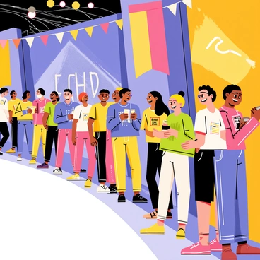 A lively concert scene features a long line of diverse individuals outside a large venue. The people in the line are smiling, chatting, and holding various tickets in their hands. Brightly colored banners hang above the entrance, and lights are shining above, creating an exciting atmosphere. In the background, a large poster displays the name of the band performing. A few individuals are wearing band merchandise, while others are snapping pictures with their phones. The scene conveys anticipation and excitement for the upcoming concert.