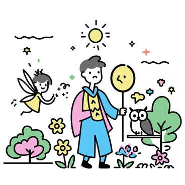 A vibrant scene featuring several characters from folklore, surrounded by lush greenery and whimsical elements. In the center, a majestic figure dressed in intricate robes holds a staff, adorned with bright gemstones. To the left, a mischievous fairy with iridescent wings flits about, leaving a trail of sparkling dust. On the right, a wise old owl perches on a branch, with large, expressive eyes. The background is filled with stylized trees and colorful flowers, creating a lively atmosphere. Above, a radiant sun shines down, casting a warm glow across the entire scene.