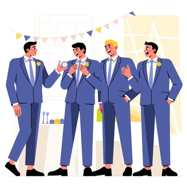 A group of four groomsmen in matching navy suits are standing in a bright, well-lit room. They are laughing and joking with each other while adjusting their ties and straightening their jackets. One groomsman is playfully fixing another's tie, while a third groomsman is holding a small mirror, checking his appearance. The fourth groomsman is leaning against the wall, laughing heartily, with his hands in his pockets. The background includes a decorative wedding-themed banner and a table with wedding accessories like cufflinks and boutonnières. A large window allows sunlight to stream in, adding warmth to the scene.