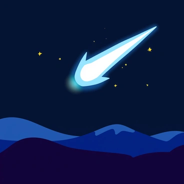 A large, glowing meteor with a bright tail streaks across a dark night sky. The meteor is surrounded by small stars twinkling in the background. The tail of the meteor is vibrant, showcasing shades of blue and white as it moves swiftly. Below, the silhouette of mountains is faintly visible against the dark horizon, adding depth to the scene.