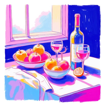 A still life arrangement features a table with a fruit bowl containing apples and oranges. The fruits are placed next to a bottle of wine, which has a round body and a long neck. A pair of glasses sits nearby, reflecting the light. A cloth drapes over the table, showcasing folds and shadows. In the background, there is a window with light streaming in, highlighting the textures of the fruit and the smooth surfaces of the glass and bottle.