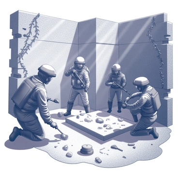 A group of operators in professional gear is engaged in the process of discovering ancient artifacts within the confines of an old temple. The temple features weathered stone walls covered in intricate carvings and vines. The operators are using tools like brushes and picks to carefully excavate items embedded in the temple's aged stone. Various artifacts, such as pottery shards and metallic relics, are scattered around them, revealing hints of the temple's historical significance. Sunlight streams through cracks in the structure, casting shadows on the ground, adding to the atmosphere of exploration and discovery.