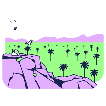 A rocky viewpoint overlooks a vast valley filled with date palm trees. The valley stretches out below, with clusters of date palms creating a lush green landscape. In the distance, gentle hills can be seen beyond the palms, showcasing a layered appearance due to the varying heights. The sky above is clear, providing a bright backdrop to the scene. Shadows from the rocky ledge fall onto the valley, adding depth to the viewpoint. A few small birds can be spotted flying near the edge of the rocks.