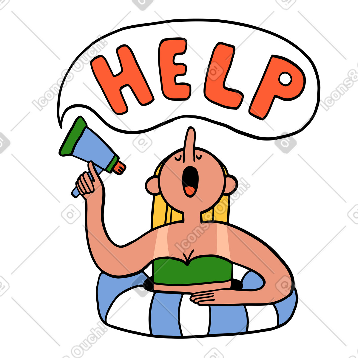 Donna in salvagente chiede aiuto al megafono illustrazione stile Comic scarica PNG, SVG
