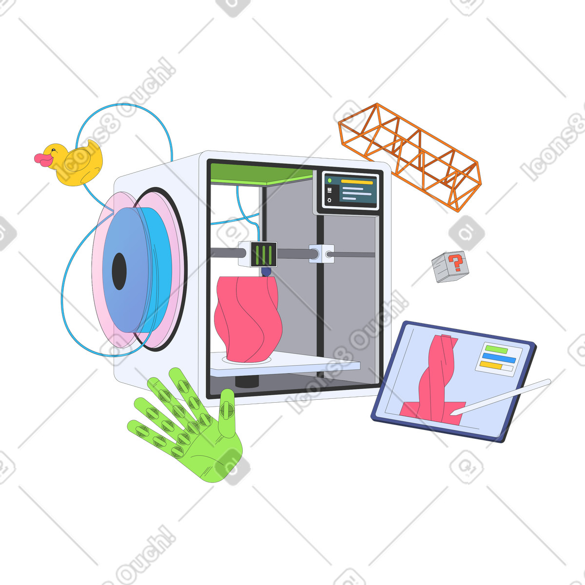 3D printer and tablet with modeling software, Additive manufacturing prototyping illustration in Kit style download in PNG, SVG