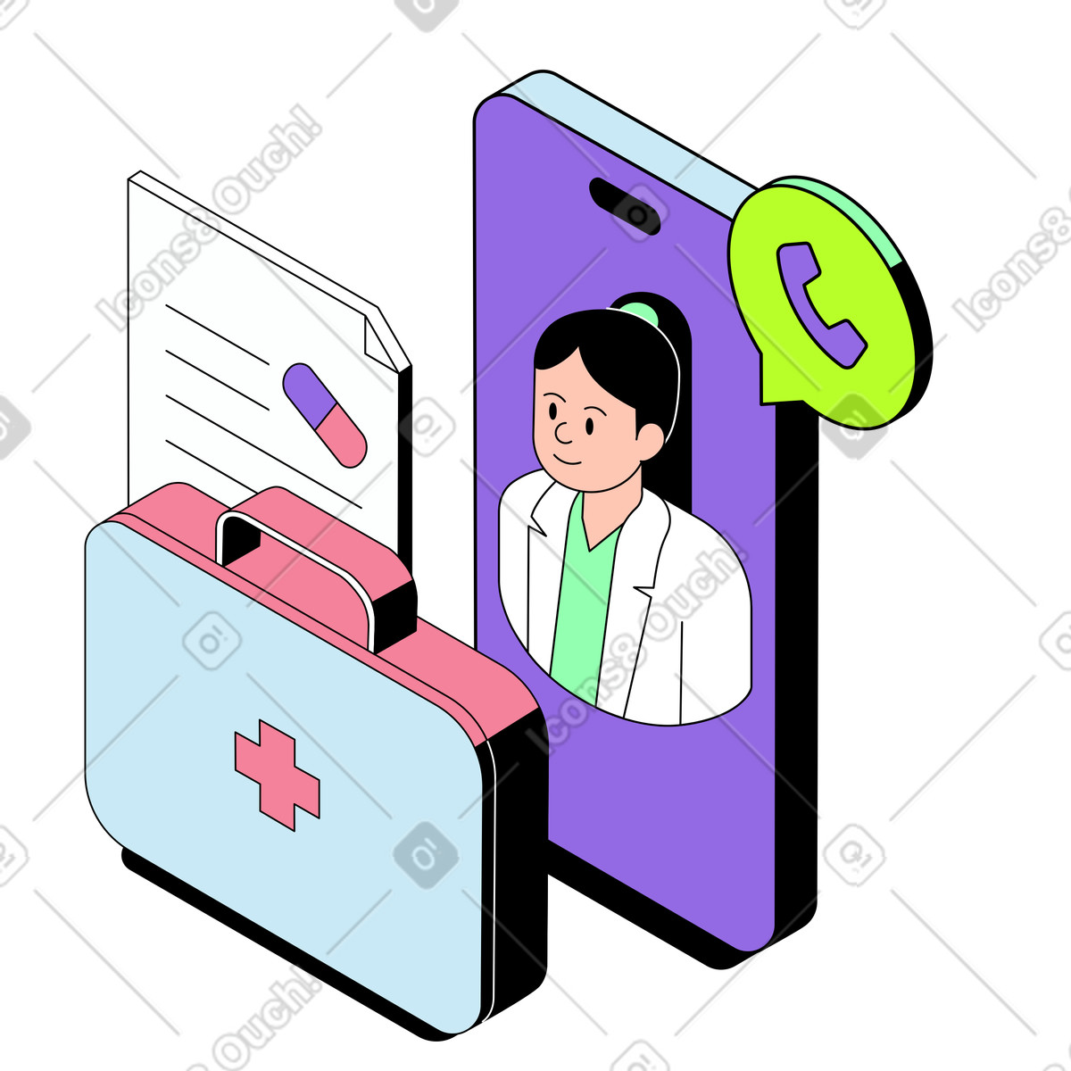 Consulenza medica tramite telemedicina smartphone illustrazione in stile Project scarica in PNG, SVG