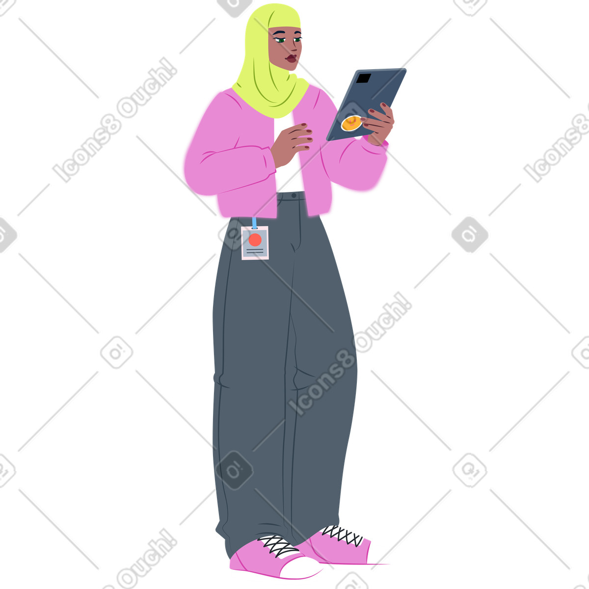 Woman holding a tablet illustration with hijab clipart in PNG SVG
