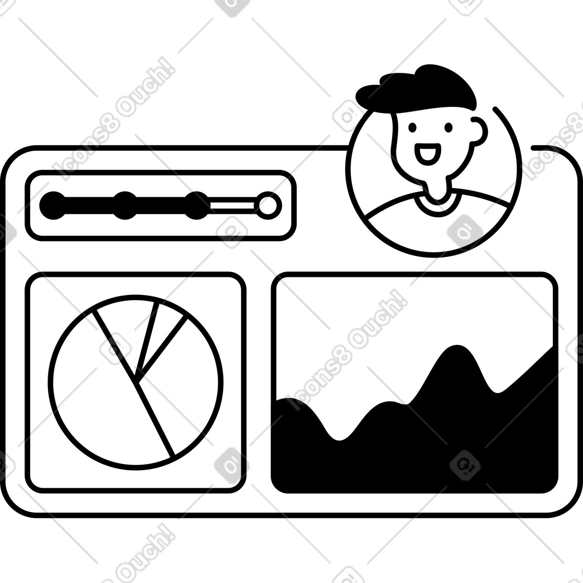 Illustration Dashboard user profile with progress bar pie chart and analytics dans le style Notion Line Art à télécharger aux formats PNG, SVG
