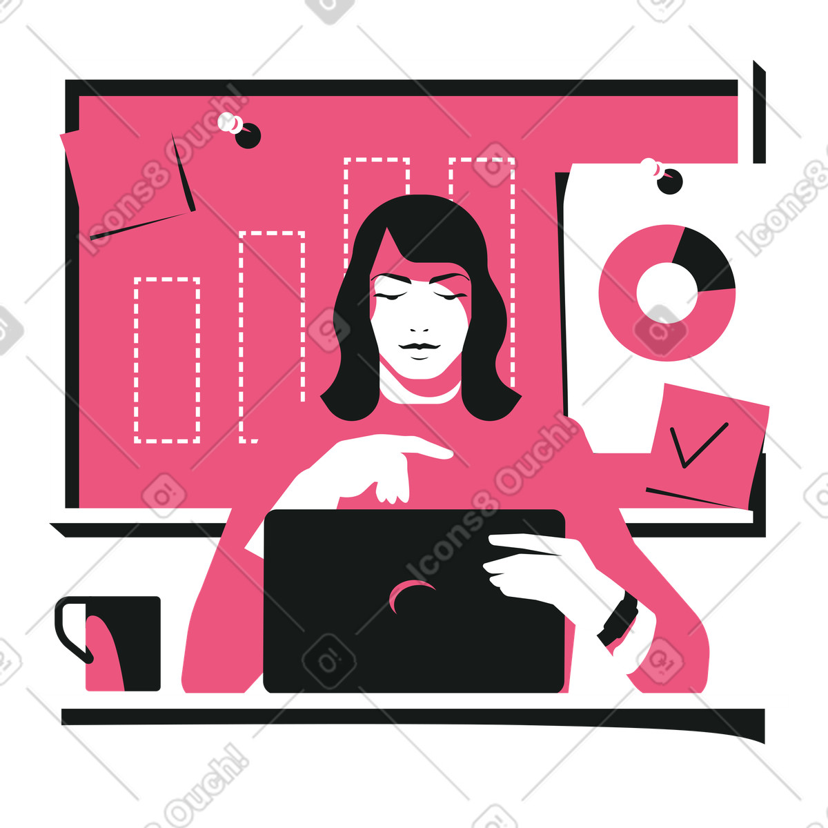 Marketer femminile che lavora su laptop con scheda di analisi in background illustrazione stile Lounge scarica PNG, SVG