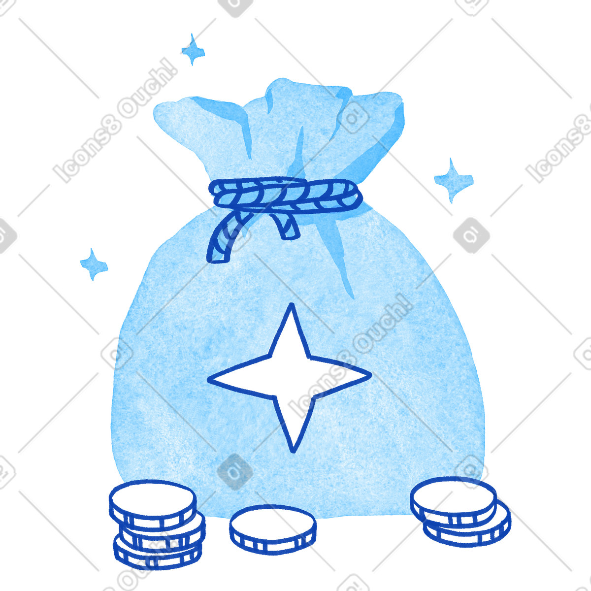 Ilustración Wealth bag surrounded by shiny coins and sparkling decorative stars en estilo Tint a descargar en PNG y SVG