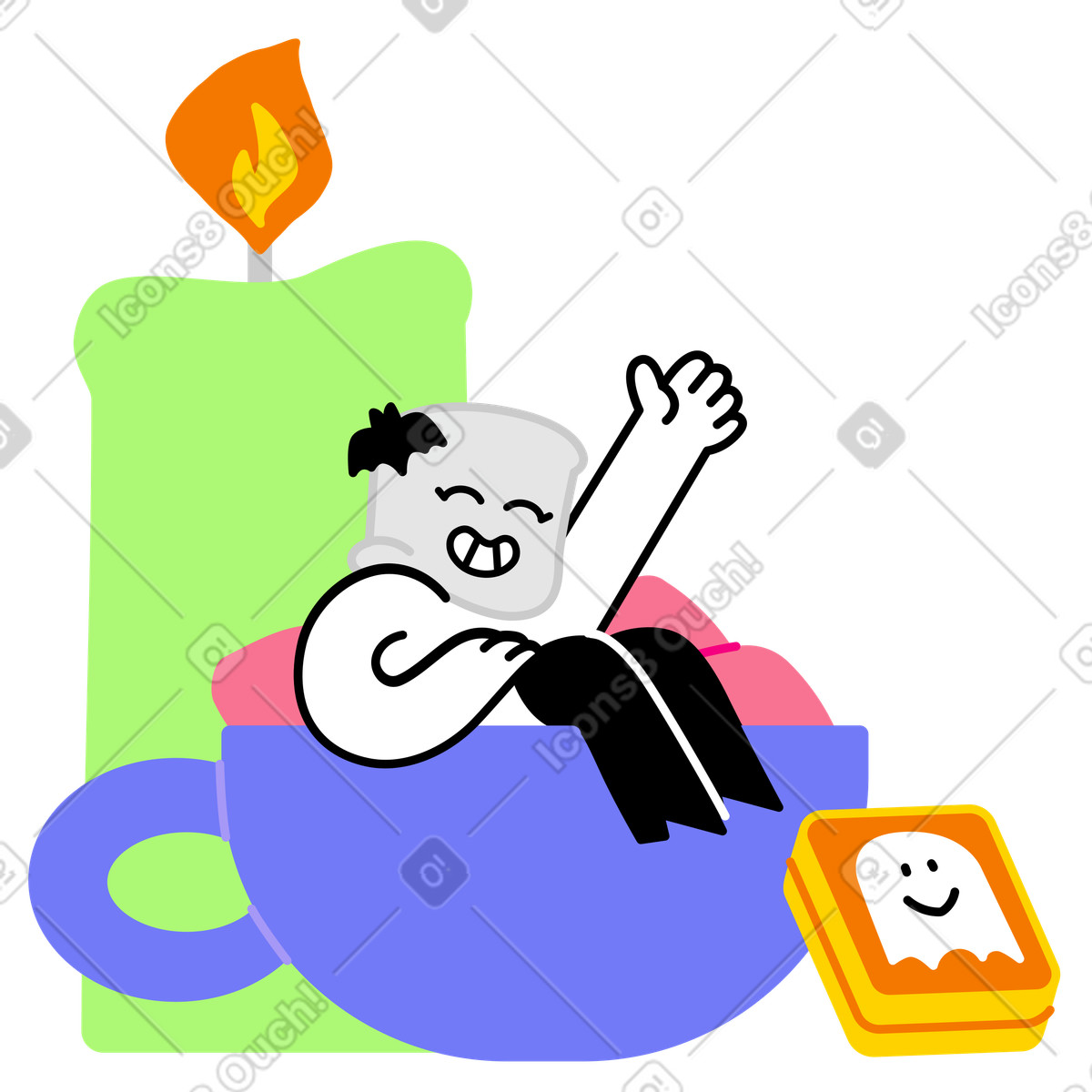 Halloween marshmallow character in cup beside candle, festive drink marketing, seasonal beverage promotion illustration Giggle style download PNG, SVG