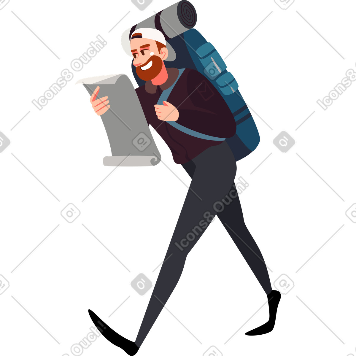 Vivid スタイルの 旅行バッグと地図を持った旅行者 のアニメーションイラストをGIF、Lottie (JSON)、AEでダウンロード