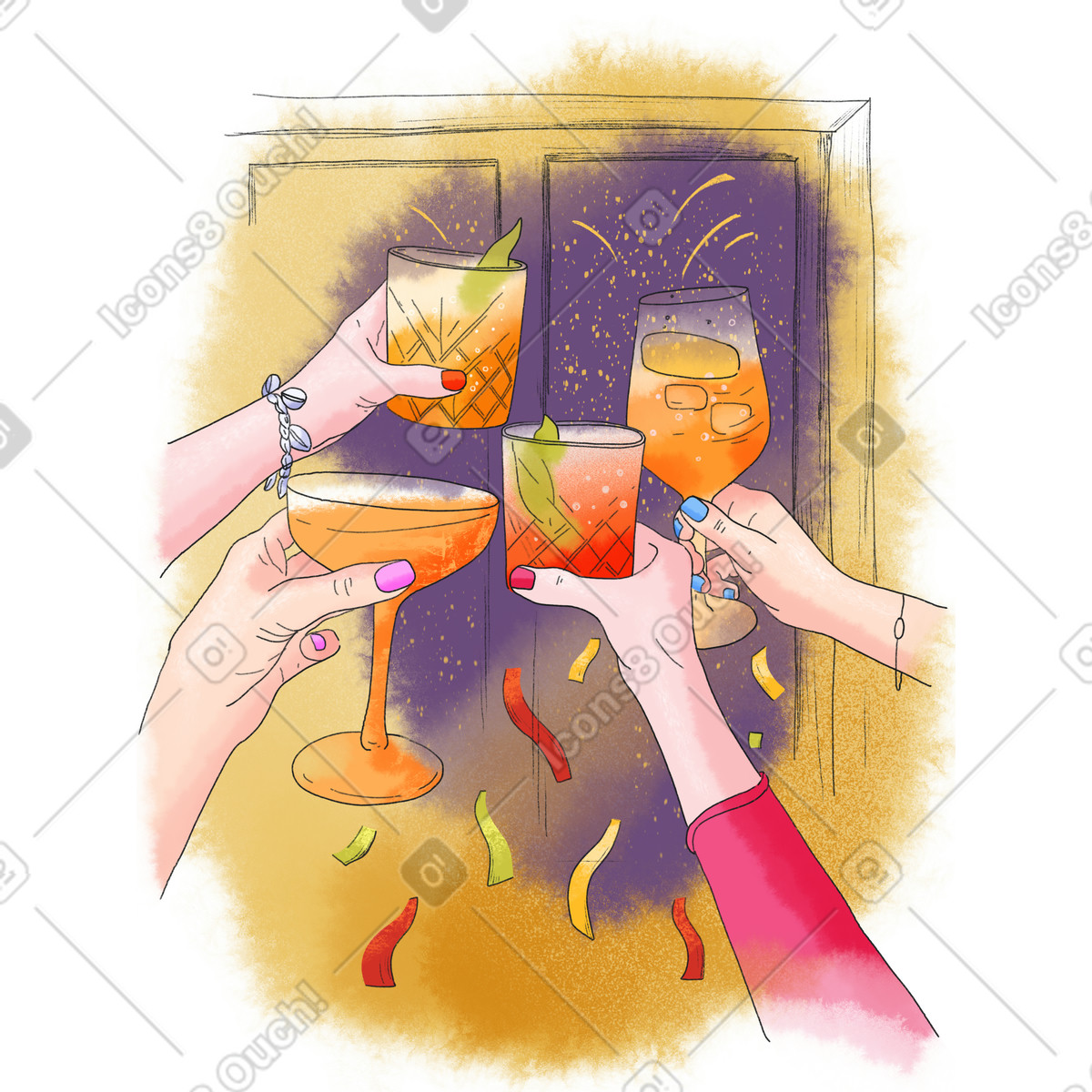 Le mani alzano i bicchieri in segno di festa illustrazione stile Moments scarica PNG, SVG