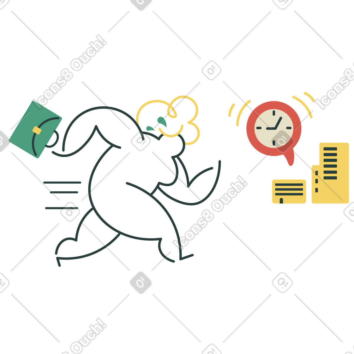 Employee rushing to work with clock symbol, Workplace deadlines and hurry concept illustrazione in stile Macaroni scarica in PNG, SVG
