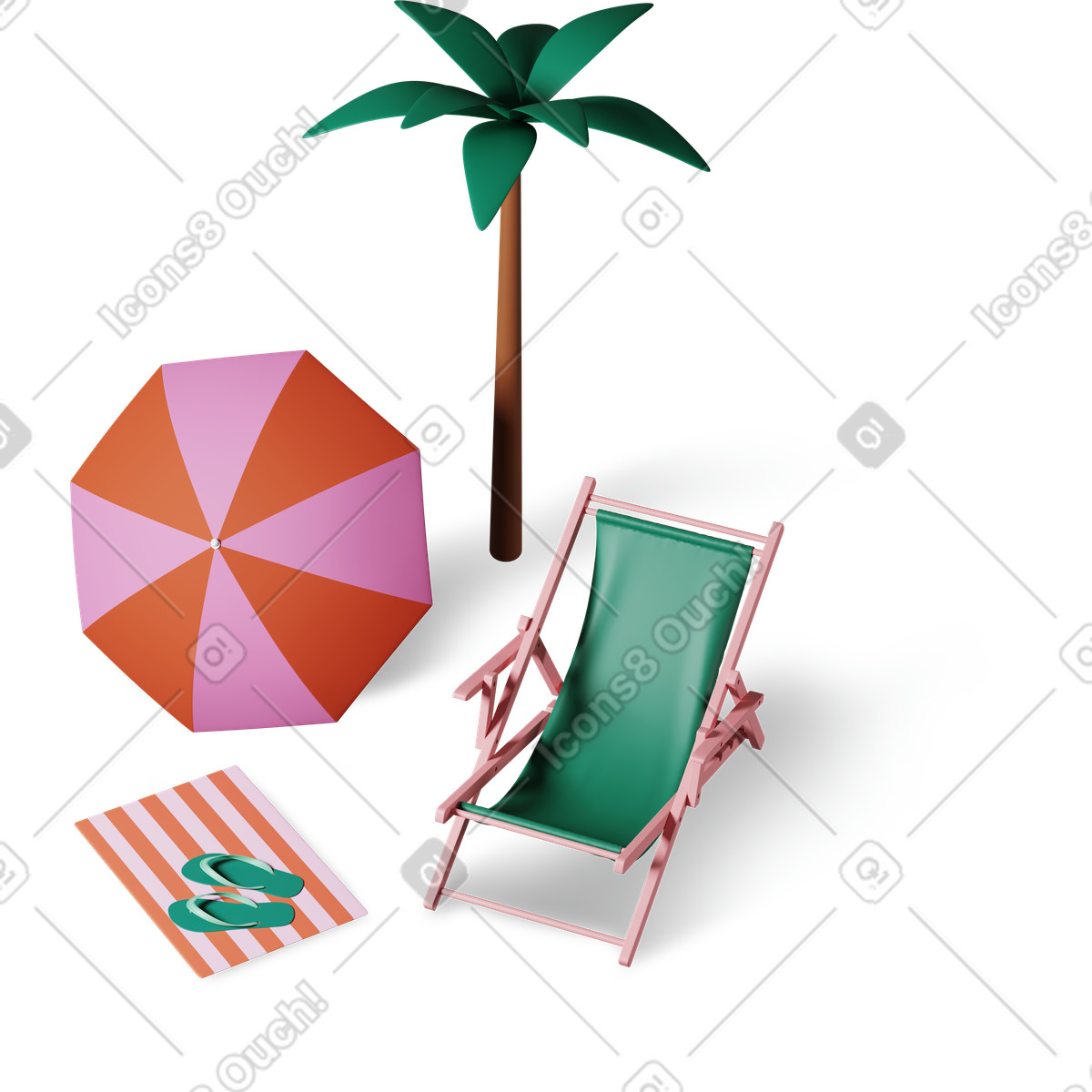 Lettino da spiaggia, ombrellone, palma, ciabatte e telo illustrazione in stile 3D Plastic people scarica in PNG, SVG