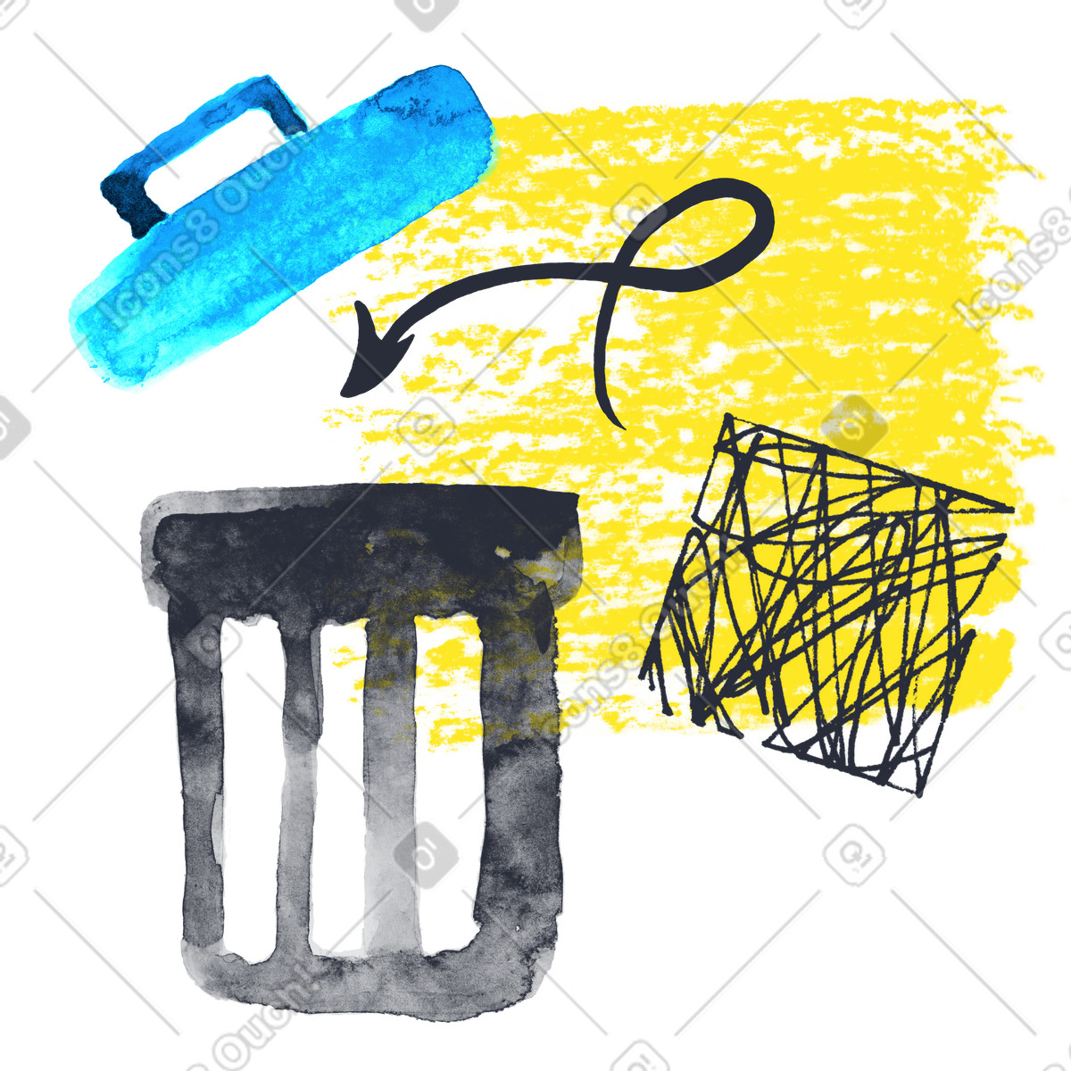Illustration Corbeille pour supprimer des fichiers dans le style Inky à télécharger aux formats PNG, SVG