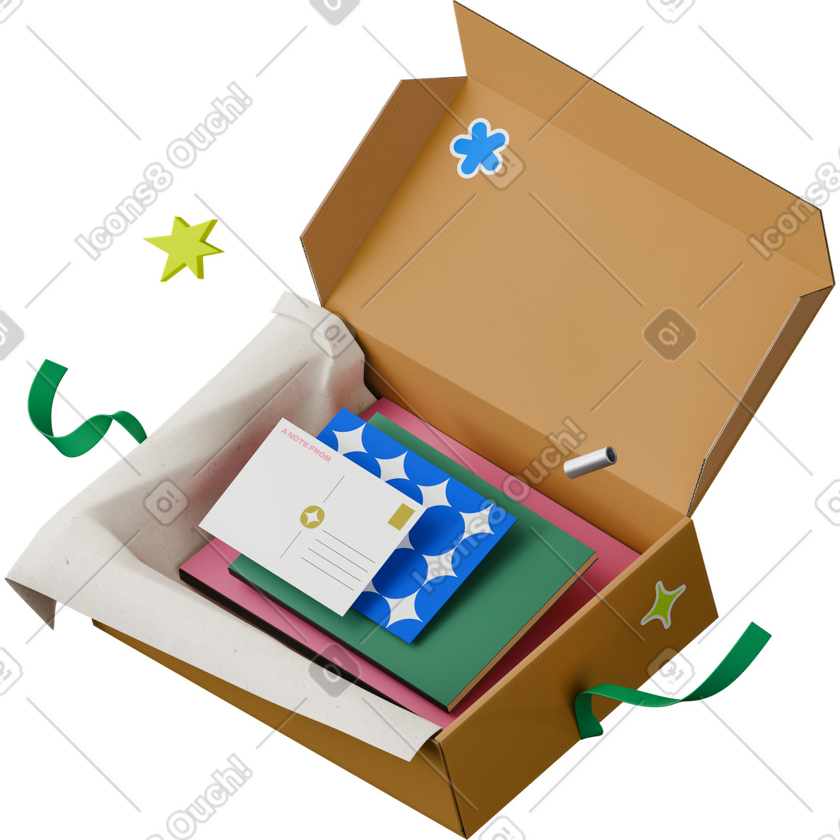 Ilustração de Isometric view of open gift box with green ribbon em no estilo 3D Hygge para baixar em PNG, SVG
