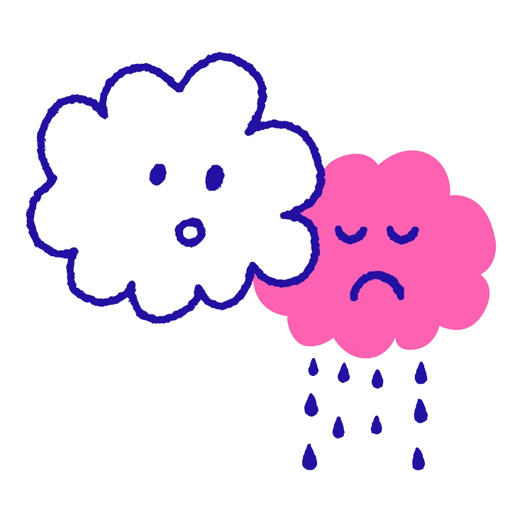 A happy cloud next to a sad cloud - Whimsy style illustration