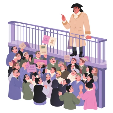A historical figure is standing on a balcony, wearing a tailored coat and a tricorn hat. The figure has long dark hair and a serious expression, with one hand raised, emphasizing their speech. Below, a large crowd is gathered, composed of men and women in 18th-century attire, including frock coats, dresses, and bonnets, all looking up attentively. Flags are waving among the crowd, and there are banners with slogans visible. The scene captures a moment of excitement, with some individuals cheering and others holding pamphlets. The balcony is adorned with ornate railings and drapes that add to the historic atmosphere.