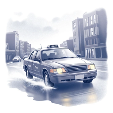 A taxi speeding through a rainy street with water splashing up from the puddles