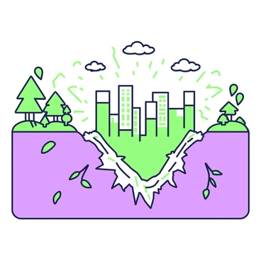 An illustration of an earthquake occurring along a subduction zone. In the foreground, large tectonic plates are depicted, with one plate being pushed beneath the other. There are cracks and fissures appearing in the ground, indicating movement and tension. Above the plates, a visible shockwave radiates outwards, causing nearby trees to sway and some to lose leaves. Farther back, a city skyline is shown, with buildings shaking and windows trembling. The atmosphere appears charged with energy, suggesting the intensity of the earthquake. In the sky, clouds are disturbed, reflecting the chaos of the seismic event.