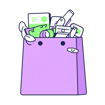 A shopping bag made of a sleek material is prominently displayed, filled with an assortment of futuristic gadgets and electronics. At the top of the bag, a compact, rectangular device with a glowing screen is partially visible. Next to it, a pair of wireless headphones with an ergonomic design rests slightly askew. Beneath these items, there are small, cylindrical drones, stacked neatly, along with a flat, tablet-like device with a holographic projector on one side. The bag itself has a modern, minimalist look, and appears to be bulging with various cutting-edge technologies.