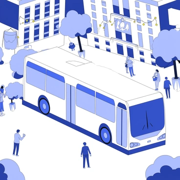 An electric bus is parked in a city square, its body sleek and modern. The bus features large windows that reflect the glowing lights around it. Decorative festival lights are strung overhead, their glow creating a festive atmosphere. Lanterns of various shapes hang from nearby trees, casting soft light onto the scene. The square is bustling with people, some admiring the bus, while others enjoy the ambiance of the festival. The architecture of surrounding buildings frames the square, enhancing the lively urban setting.