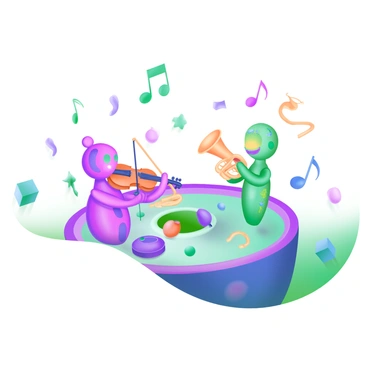 A whimsical illustration showing centrioles as musicians in a cellular orchestra. The centrioles are creatively represented as small, cylindrical figures with colorful patterns, each holding a different musical instrument. One centriole is playing a violin, while another is intently focused on a small trumpet. They are positioned on a circular stage made of cell membrane material. Surrounding them are tiny, animated organelles, such as mitochondria and ribosomes, enjoying the performance. Notes are visibly floating in the air, creating a lively atmosphere in this unique cellular concert scene.