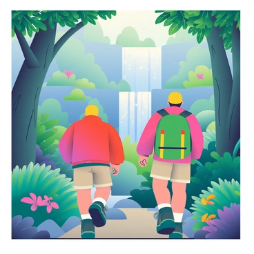A group of three explorers is walking through a lush rainforest filled with vibrant green foliage. Two of the explorers are wearing khaki shorts and sturdy hiking boots, while the third wears a bright red jacket. They are navigating a narrow, winding path that is lined with ferns and colorful tropical flowers. Towering trees with thick trunks and expansive canopies rise above them, casting dappled sunlight onto the ground. In the background, a series of cascading waterfalls can be seen, with water sparkling as it descends over the rocky ledges. The sound of rushing water fills the air, creating a sense of adventure in this lush setting.