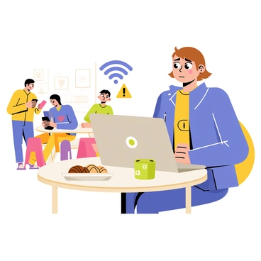 A traveler with a concerned expression is sitting at a small round table in a bustling café. The traveler has short brown hair and is wearing a blue jacket. In front of them, there is a silver laptop open, displaying a loading screen, suggesting difficulty connecting. Brightly colored coffee cups and a plate of pastries sit on the table. Around the traveler, other patrons are engaged in conversations and using their devices, highlighting the atmosphere of the café. A "Wi-Fi" symbol is depicted above the laptop with a warning sign next to it, indicating the unsecured network.