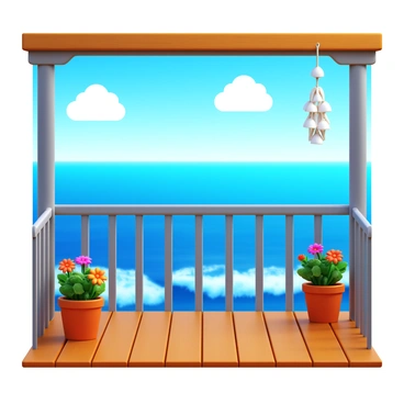 A seaside patio with wooden decking, overlooking the ocean waves. The patio is adorned with potted plants featuring vibrant flowers. A delicate wind chime made from white shells hangs gently from a wooden beam, catching the light of the sun. The ocean stretches out in the background, with soft waves lapping against the shore. A few fluffy white clouds drift across a bright blue sky, enhancing the tranquil atmosphere.