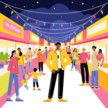 An artist stands in the foreground, depicting a vibrant night market scene filled with colorful stalls. Each stall is adorned with bright, illuminated signs, displaying various goods such as fruits, vegetables, and handmade crafts. People of diverse backgrounds are walking through the market, engaged in lively conversations and enjoying street food from the many vendors. The atmosphere is animated, with strings of fairy lights overhead casting a warm glow over the scene. A few children are seen excitedly pointing at a balloon vendor nearby. In the background, a deep blue sky is visible, dotted with twinkling stars.