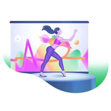 A dancer in a dynamic pose is performing on a stage. The dancer is wearing a vibrant costume with flowing fabric that captures motion. In the background, there is a colorful graphic of a heart rate heartbeat line, pulsing with various bright colors like red, blue, and green. The stage is illuminated with soft lighting that enhances the dancer's movements and highlights the graphic behind them.