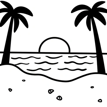 A black-and-white illustration depicting a quiet beach with gentle waves lapping at the shore. The horizon line shows the transition of the ocean and sky as the sun sets in the background. Silhouetted palm trees frame the scene on either side of the beach. The waves are illustrated with swirling lines to indicate movement, while soft ripples are visible on the surface. The sandy beach is dotted with small seashells and smooth stones scattered across it.
