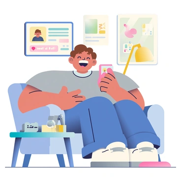 A character with light skin and brown hair is sitting on a cozy couch, holding a smartphone in their hand with a wide smile on their face. They are wearing a comfortable gray t-shirt and blue jeans. The character's eyes are sparkling with excitement as they glance at the screen, which displays a colorful notification about their recent game achievement. In the background, there are posters of various video games on the walls, and a gaming console with controllers is visible on a small table next to them. A warm lamp casts a soft glow over the scene, highlighting the character's joyful expression.