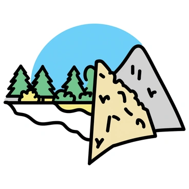 A mountain landscape is depicted, with one half showcasing lush green vegetation, featuring dense trees and vibrant grass. The other half displays a rocky and arid terrain, characterized by rugged cliffs and sparse vegetation. The division between the two halves is marked by a gradual transition, highlighting the contrast between the rich greenery and the dry, rocky soil. A clear blue sky stretches above, enhancing the vividness of the natural elements.