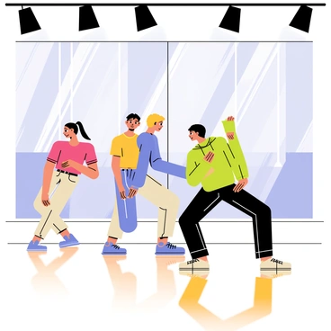 A group of four idols practicing dance choreography in a mirrored studio. Each idol has a distinct look, with one wearing a bright red top, another in a blue athletic outfit, the third dressed in a yellow tank top, and the last in a green hoodie. They are in various dance poses, showcasing their movements. The mirrored walls reflect their figures and create a dynamic visual effect. The wooden floor reflects the colors of their outfits, and there are soft spotlights illuminating the scene from above.