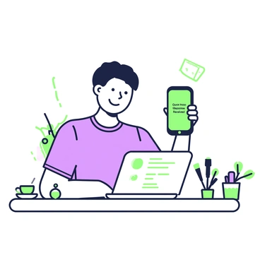 A person is sitting at a desk, holding a smartphone in their right hand. The screen of the phone displays a notification that reads "Quick Response Received." The individual has short hair and is wearing a casual t-shirt. They have an expression of satisfaction on their face. On the desk, there is a laptop with a partially completed contact form displayed on its screen. In the background, there is a plant in a pot and a cup of green tea. There are also a few pens scattered nearby.