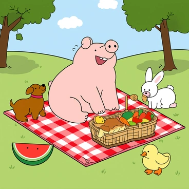 A cheerful pig with soft pink skin and a wide smile is sitting on a red and white checkered picnic blanket spread out on the grass. Surrounding the pig are a variety of animal friends. A small brown dog with floppy ears is playfully barking, while a fluffy white rabbit with long ears nibbles on a carrot. Nearby, a cheerful yellow duckling is waddling over to join in the fun. The picnic spread includes a basket filled with fruits and sandwiches, with a large watermelon prominently displayed. The sun is shining brightly, casting playful shadows on the ground, and there are a few trees in the background providing a sense of a lively park atmosphere.