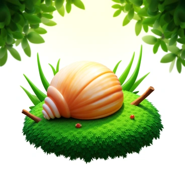 A shell resting on vibrant green moss. The shell has intricate patterns and a smooth, shiny surface. The moss is thick and lush, creating a rich green carpet under the shell. Sunlight filters through the high canopy of leaves, casting dappled light onto the shell and moss. Surrounding the shell are small twigs and bits of foliage, enhancing the natural forest environment.