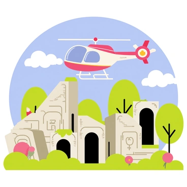 An RC helicopter with a sleek, red and white design is flying above a landscape of mysterious ancient ruins. The ruins consist of weathered stone structures, partially covered by greenery, and intricate carvings can be seen on the surfaces. Lush trees and patches of vibrant flowers surround the ruins, adding pops of color to the scene. The helicopter's blades are spinning rapidly, creating a slight blur. In the background, a bright blue sky with a few fluffy white clouds can be seen, enhancing the sense of exploration.