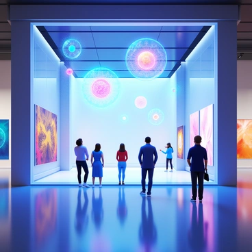 A futuristic art gallery with sleek, minimalist architecture. The walls are made of glass, allowing light to flood the space. Holographic art pieces float in the air, displaying vibrant colors and intricate designs. The gallery is illuminated with soft, ambient lighting that highlights the floating artworks. Visitors are seen gazing in awe at the holograms, engaging with the interactive displays. The floor is polished and reflects the holographic images above, creating a harmonious visual experience.