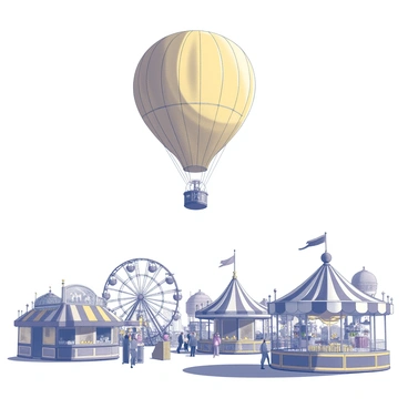 A "golden balloon" is floating high above a "colorful fairground". Below the balloon, there are various amusement rides including a "ferris wheel" and "carousel". Stalls with striped awnings line the pathways, selling "cotton candy" and "popcorn". The fairground is bustling with people enjoying the attractions. There is a "clear blue sky" above, creating a vibrant atmosphere.