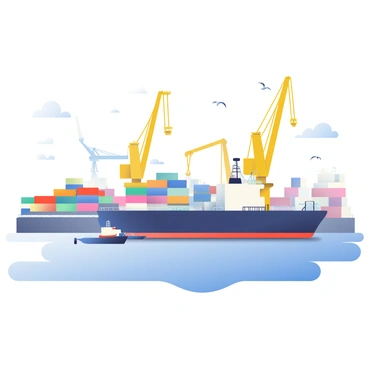 An oil tanker arriving at a bustling port with cranes and cargo ships