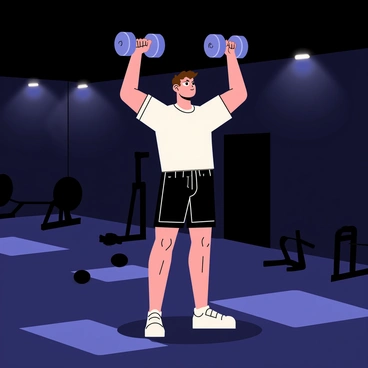 An individual performing a dumbbell thruster in a dimly lit gym. The person has a focused expression while lifting two dumbbells above their head. The gym features dark walls and a few scattered weights, with a faint glow from wall-mounted lights highlighting the scene. The floor is made of rubber mats, and there are silhouettes of gym equipment in the background, such as benches and a squat rack. The atmosphere conveys an intense workout session during the evening hours.
