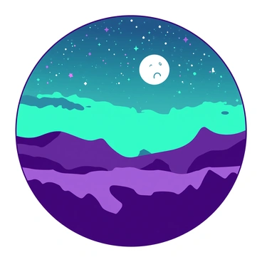 A dramatic horizon where the earth meets a sky filled with vibrant stars. The ground is covered in a deep purple landscape, with silhouettes of distant mountains rising against the horizon. Above, the sky is a blend of teal and blue, showcasing countless bright stars scattered across, some twinkling more than others. A large, luminous full moon hangs low in the sky, casting a soft glow over the scene. The atmosphere is filled with a sense of wonder and vastness, drawing the viewer's gaze upward.