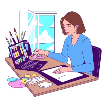 An artist with short brown hair is sitting at a wooden desk in their home workspace. They are wearing a blue sweater and have a focused expression on their face as they look at a laptop on the desk. The laptop screen displays a video call interface, where a figure is visible on the other side. The artist has a white pen in hand, poised above a white document on the desk, ready to sign. Surrounding the artist are various art supplies, including colorful paint tubes and brushes, adding a creative atmosphere to the workspace. A large window behind the artist allows natural light to fill the room, illuminating the vibrant colors of the art supplies.
