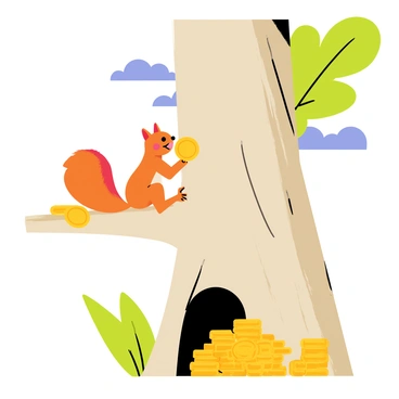 A cartoon-style illustration of a squirrel with a fluffy tail, joyfully gathering shiny gold coins. The squirrel is perched on a branch of a large, sturdy tree. It is placing the coins into a hollow in the tree trunk, with some coins spilling out of its tiny paws. Around the tree, there are green leaves and a bright blue sky in the background, enhancing the cheerful scene.